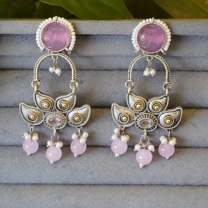 Large Dangler Statement Oxidized Earrings with Pink Jaipur Stone, Opulent Pearls n Crystal Beads