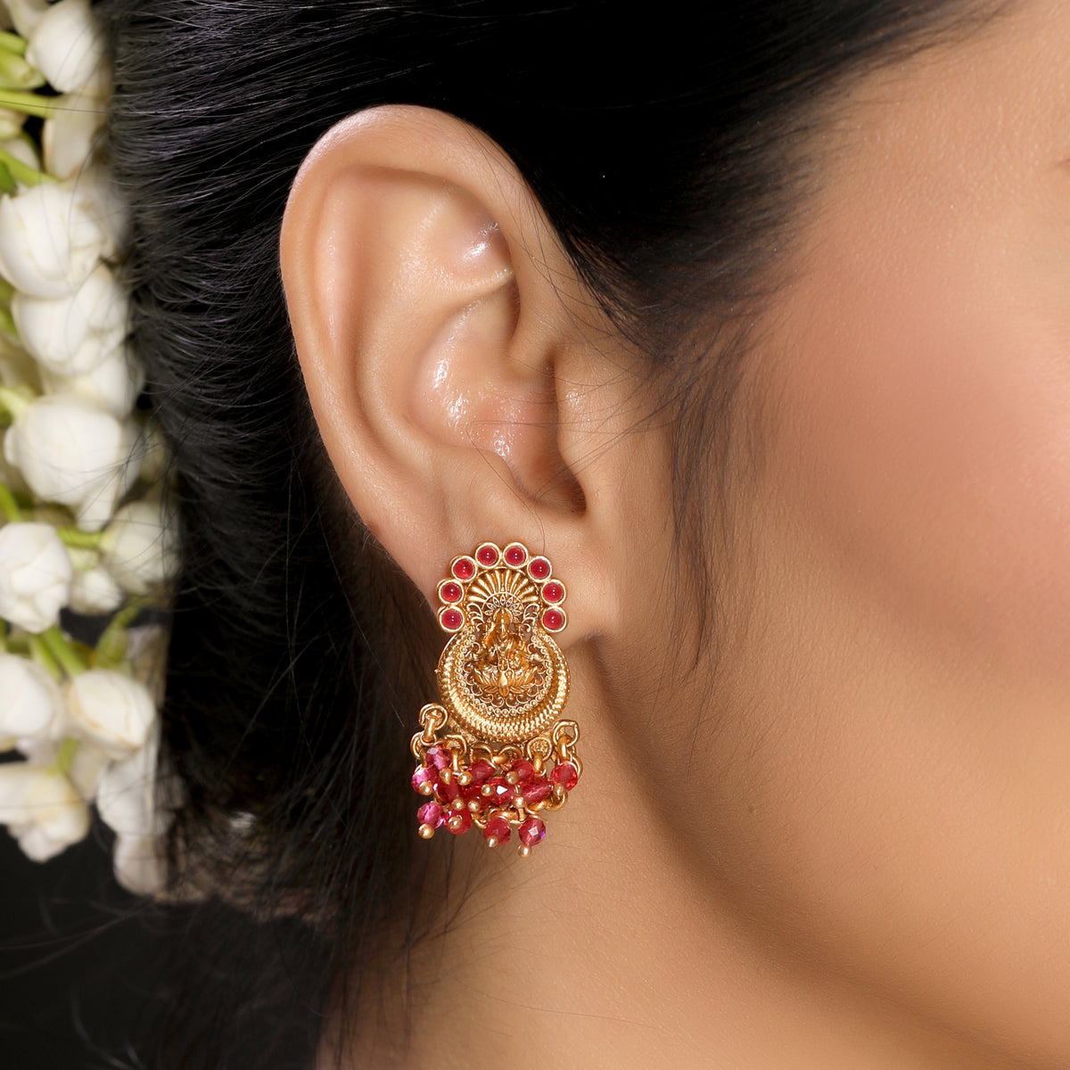 Graceful Laxmi Temple Studs with Faux Ruby n Red Crystals [Matte Gold]