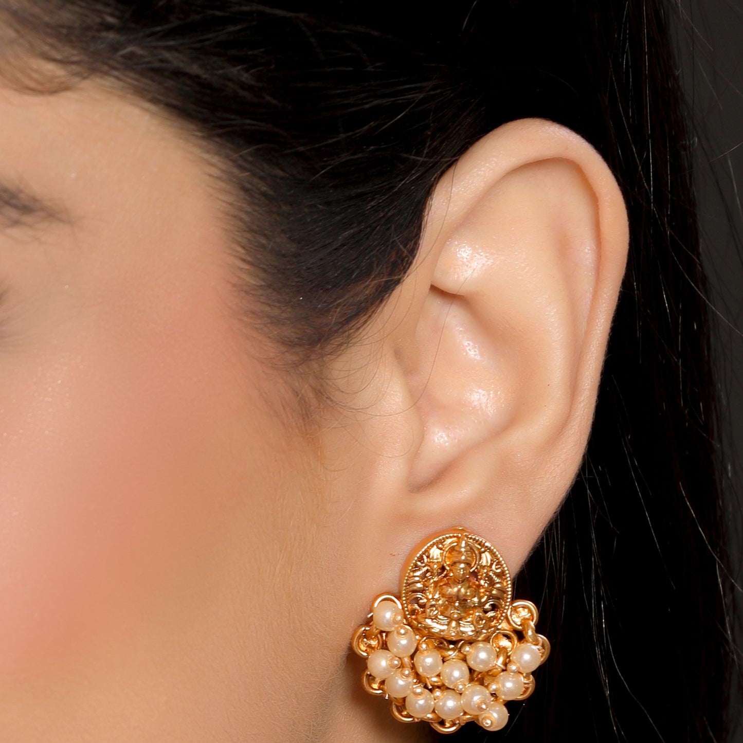 Laxmi Brass 22KT Gold Plated Matte Finish White Pearls Beaded Traditional Temple Studs