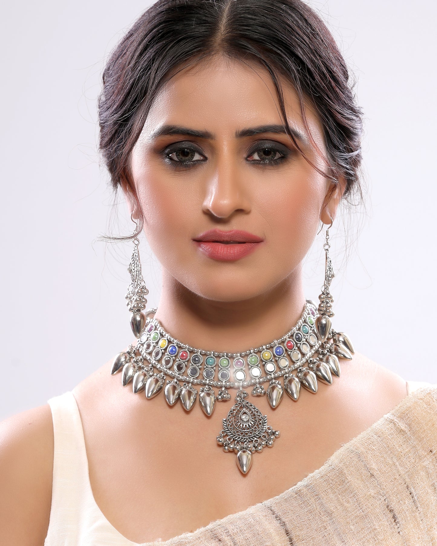 Multicoloured Spiked Silver Oxidized Choker Necklace Set with Dangler Earrings