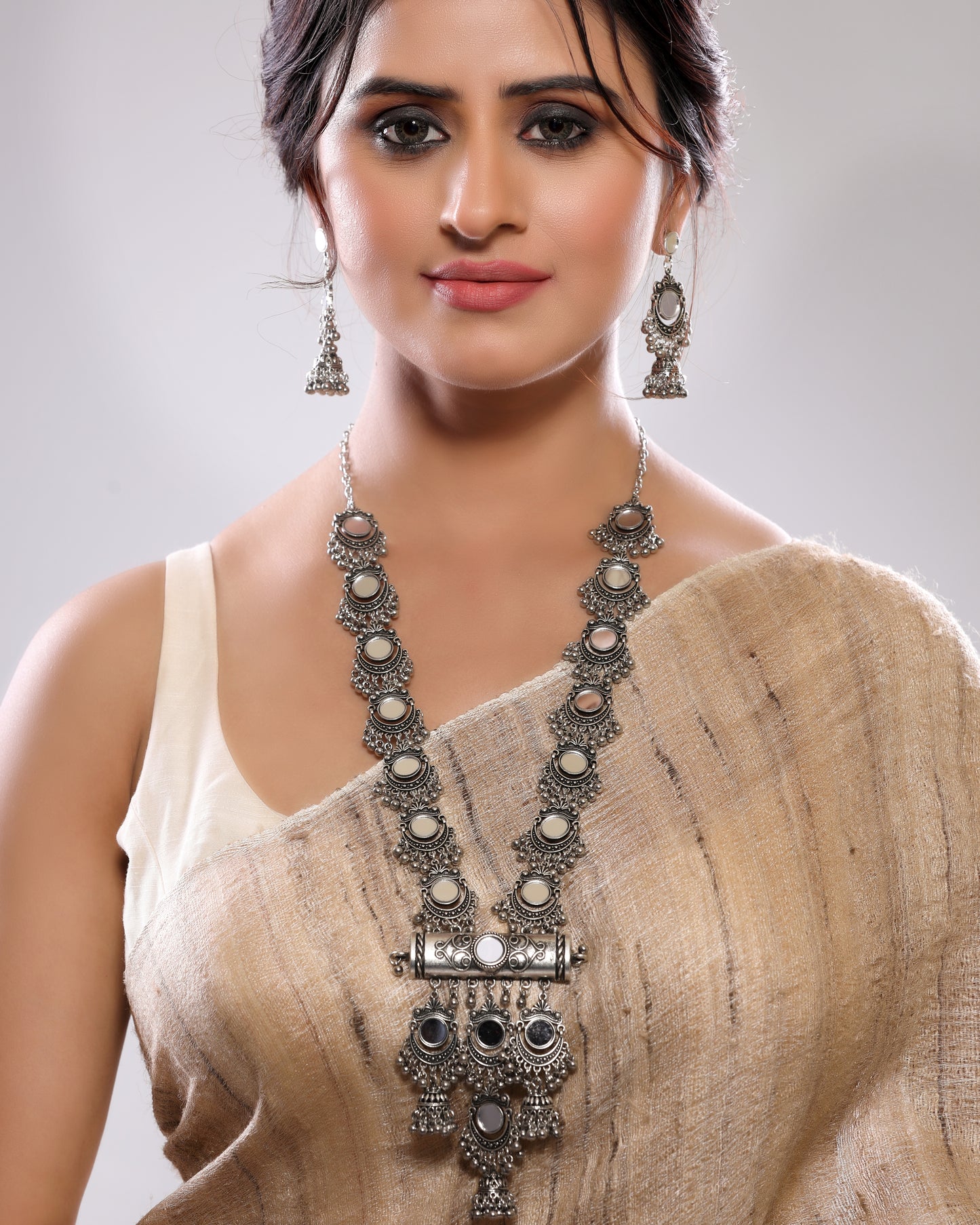 Silver Oxidized Mirror Studded Long Necklace Set with Dangler Jhumka Earrings