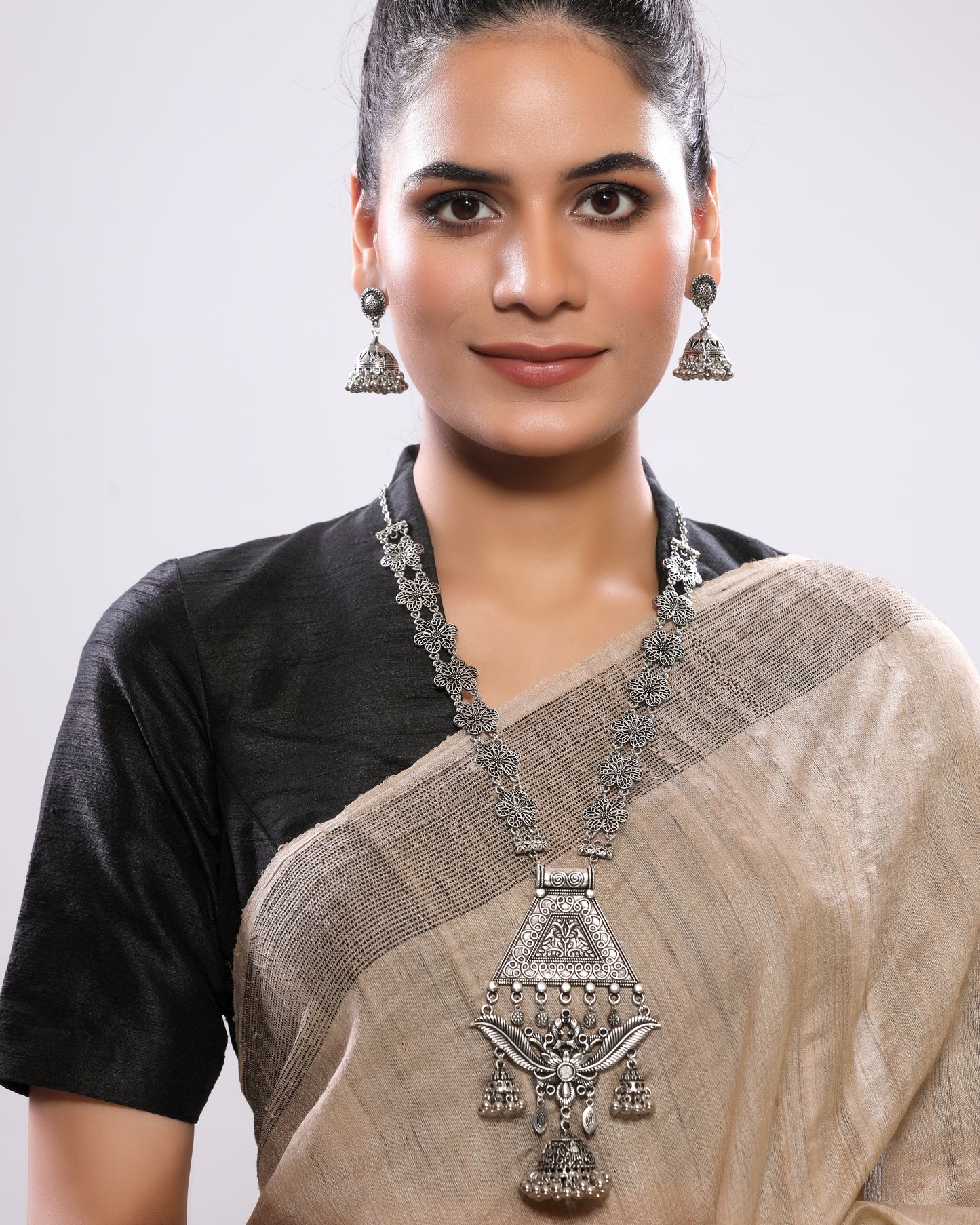 Floral String Long Silver Oxidized Necklace Set with Jhumka Earrings