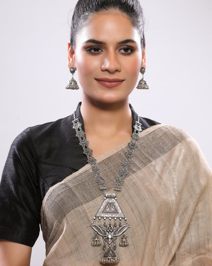 Floral String Long Silver Oxidized Necklace Set with Jhumka Earrings