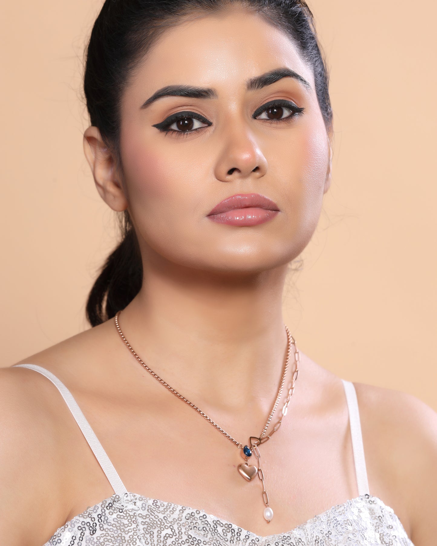 Prima Donna Plain and Link Double Layer Chain Necklace with Heart Pendant, Elongated Pearl and Blue Drop Crystals Rose Gold Plated