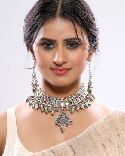 Multicoloured Spiked Silver Oxidized Choker Necklace Set with Dangler Earrings