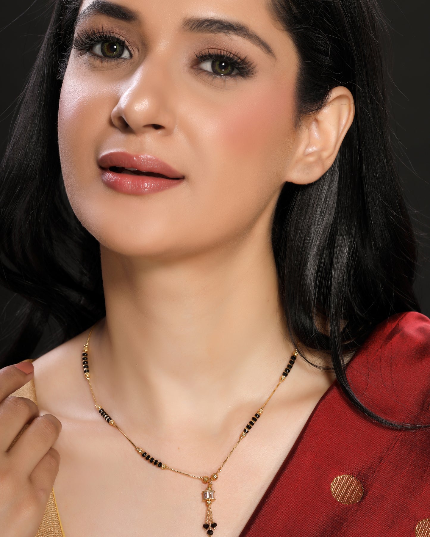 Trendy Minimal Gold Plated Crystal Studded Cylindrical Pendant in Single Layer Black n Golden Beads Chain Mangalsutra