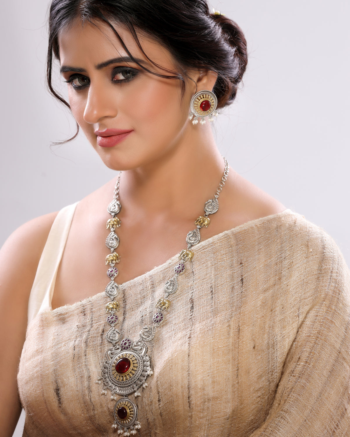 Dual-Tone German Silver Necklace Set with Red Monalisa Stone