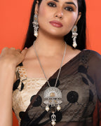 Ash Grey Pearl Drop German Silver Dual-Tone Necklace with Dangler Earrings
