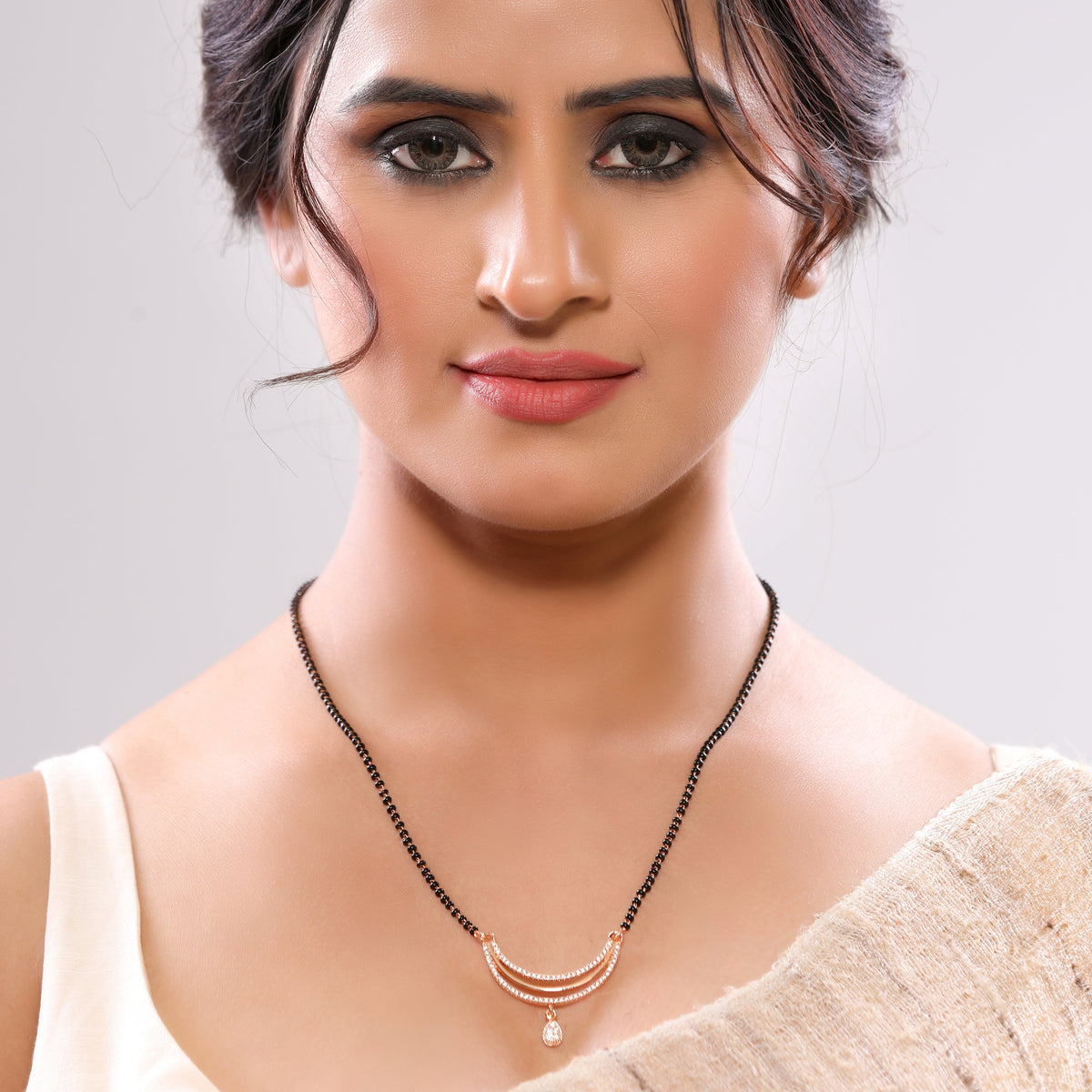 Rose Gold Linear Chain Mangalsutra with Triple Drop American Diamonds