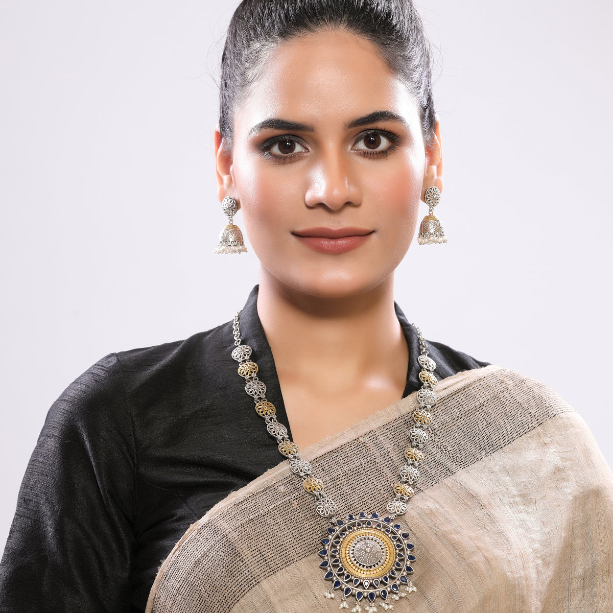 Dual-Tone German Silver Necklace Set with Blue Stone Pendant & Jhumka Earrings