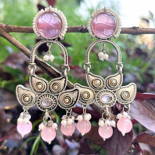 Bold Oxidized Dangler Earrings with Pink Stone & Pearls