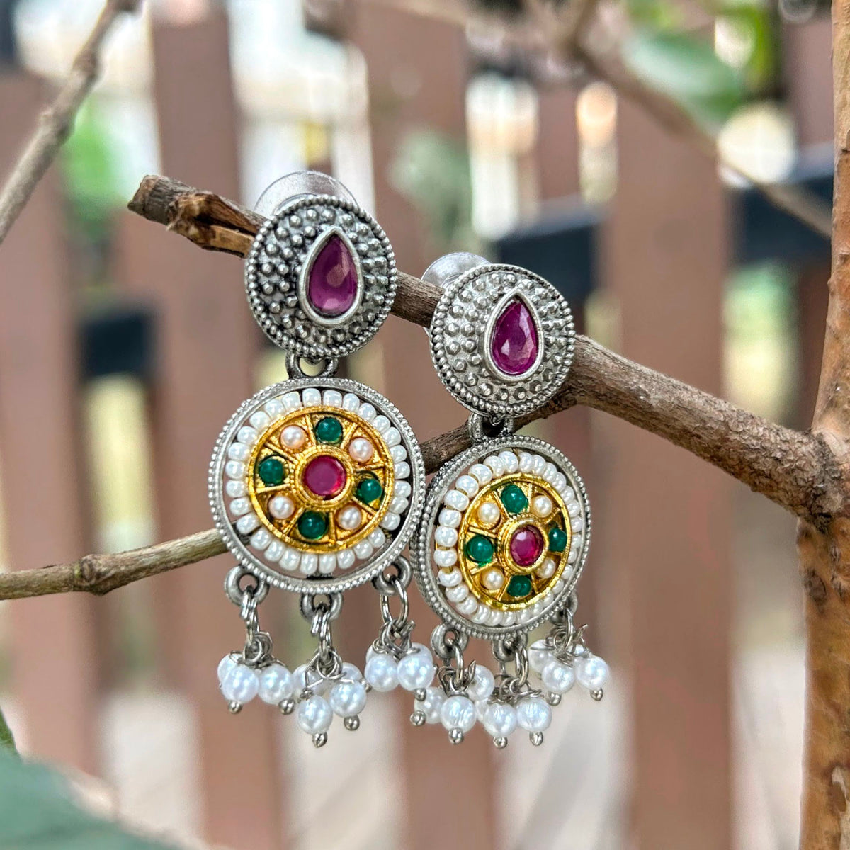 Dual-Tone Oxidized Earrings with Jaipuri Stones & Pearls