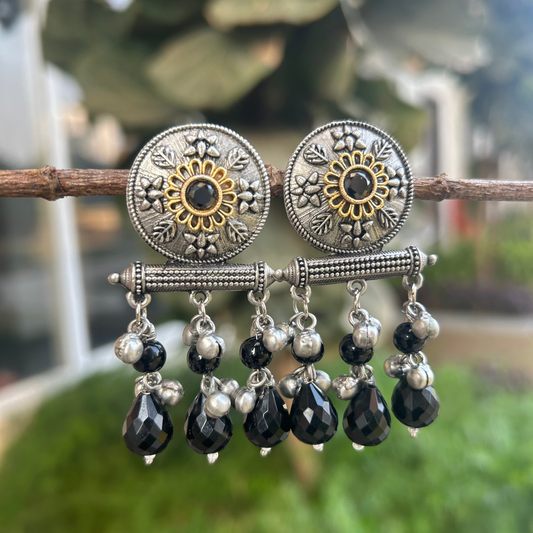 Oxidized Dual-Toned Black Stone Earrings