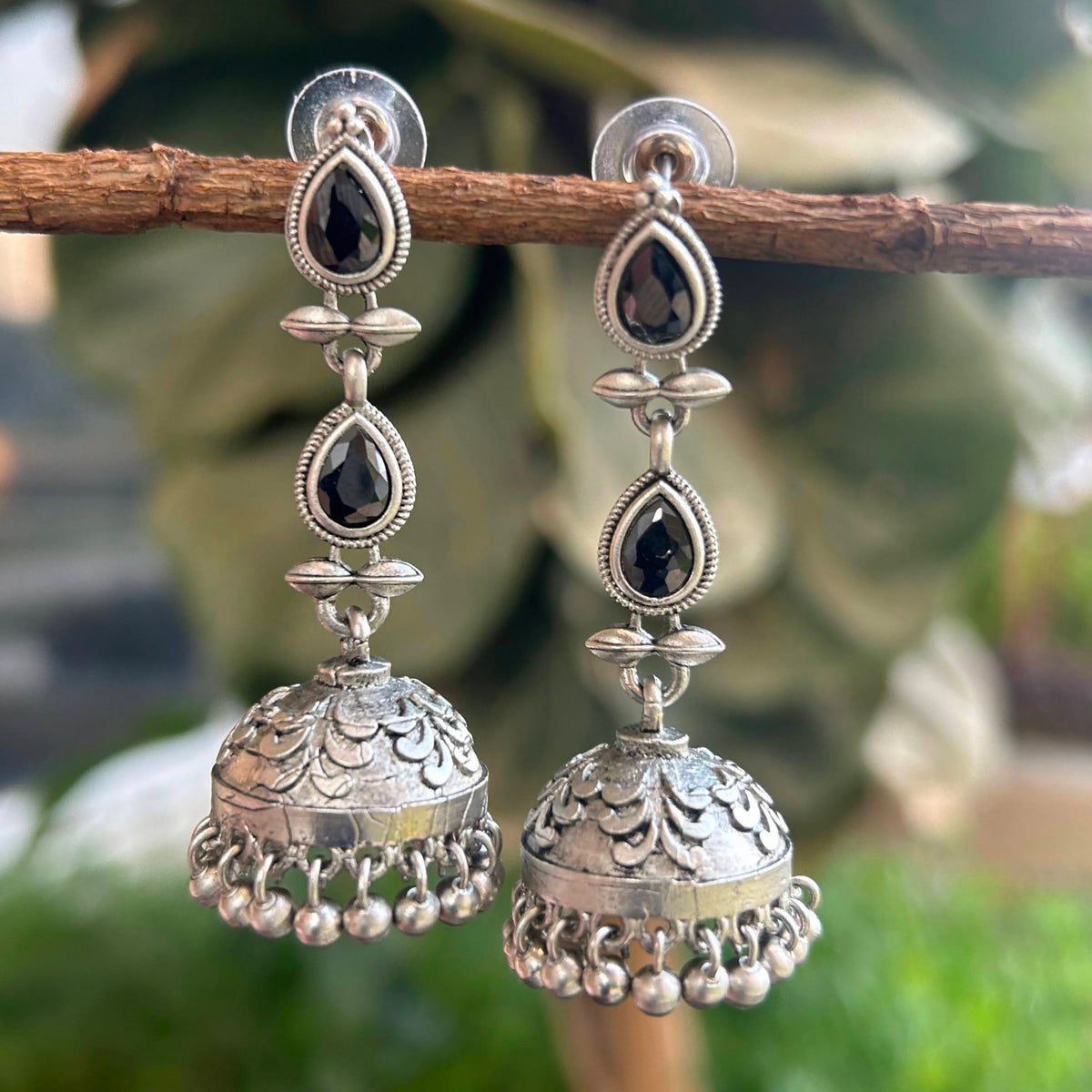 Handcrafted Oxidized Black Stones & Ghungroo Jhumka