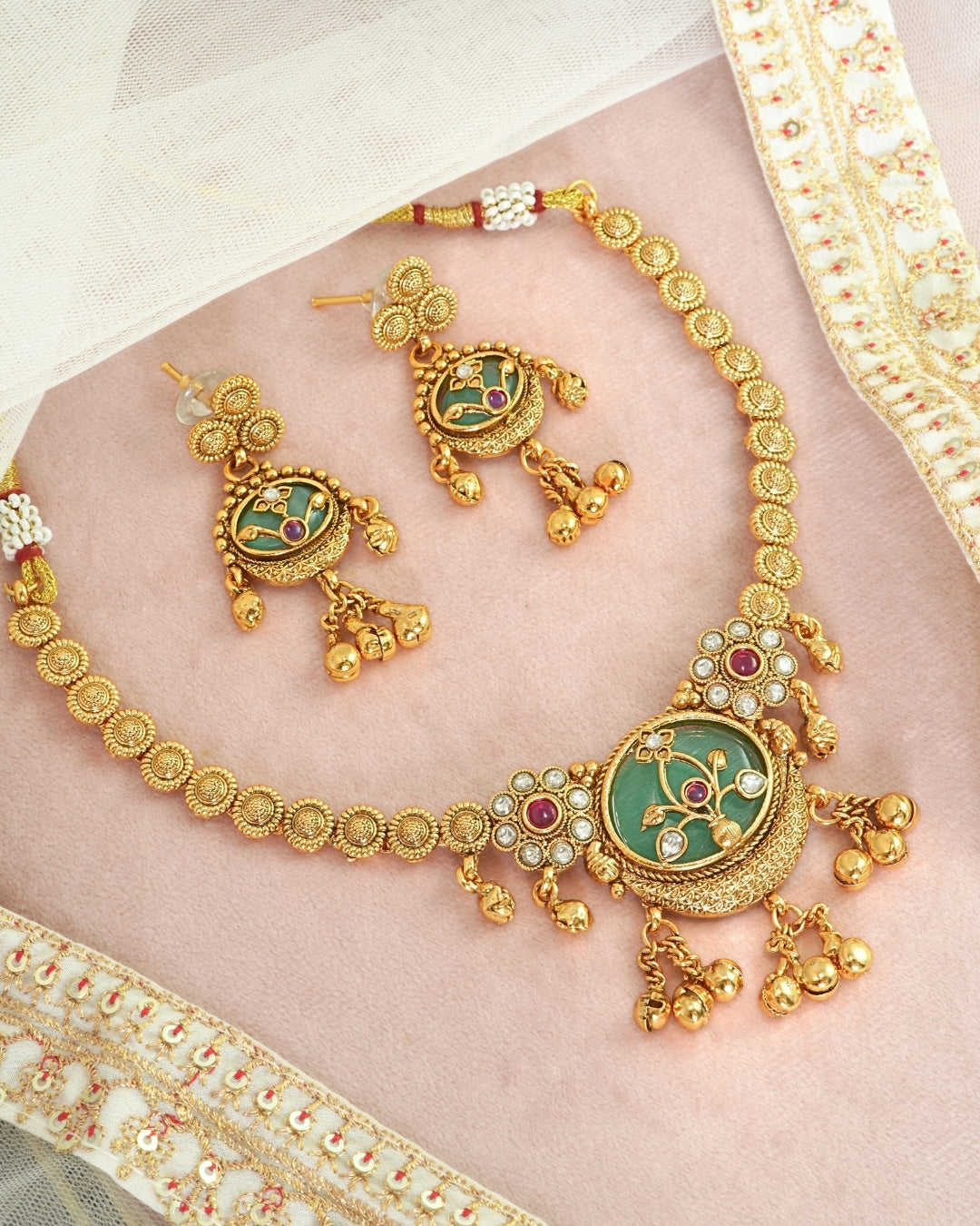 Gold-Plated Rajwadi Mint Stone Necklace & Earrings Set
