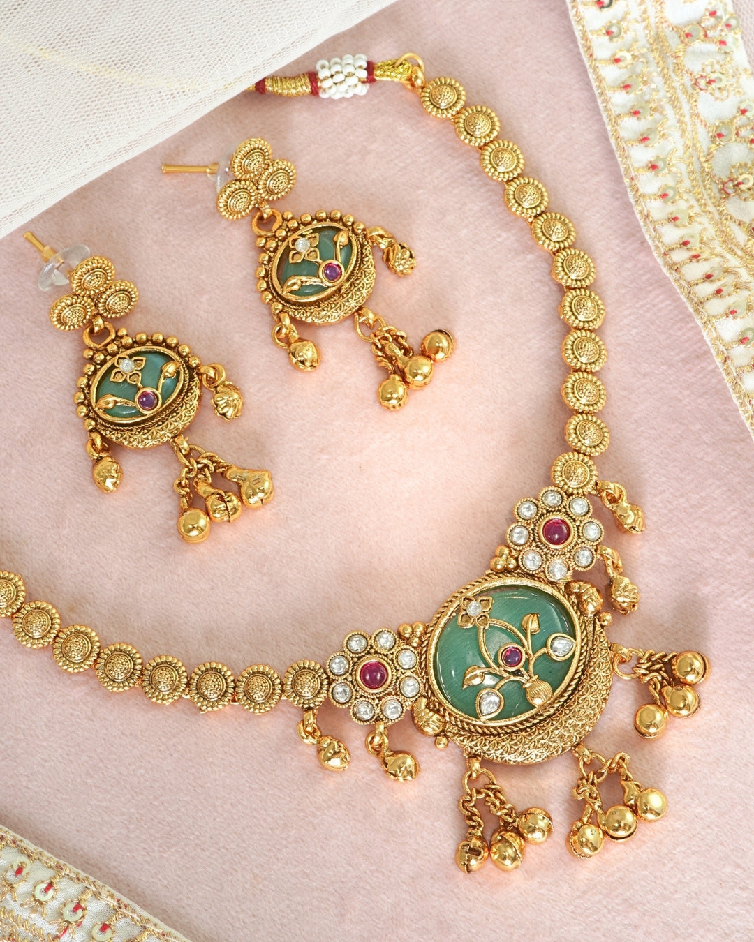 Gold-Plated Rajwadi Mint Stone Necklace & Earrings Set