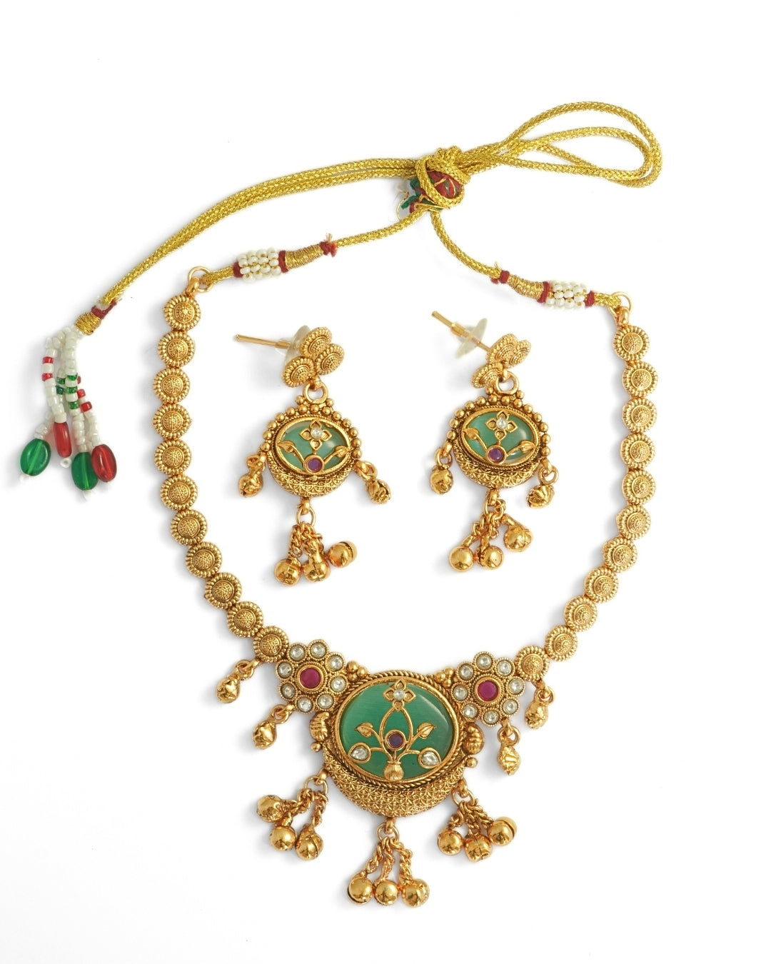 Gold-Plated Rajwadi Mint Stone Necklace & Earrings Set