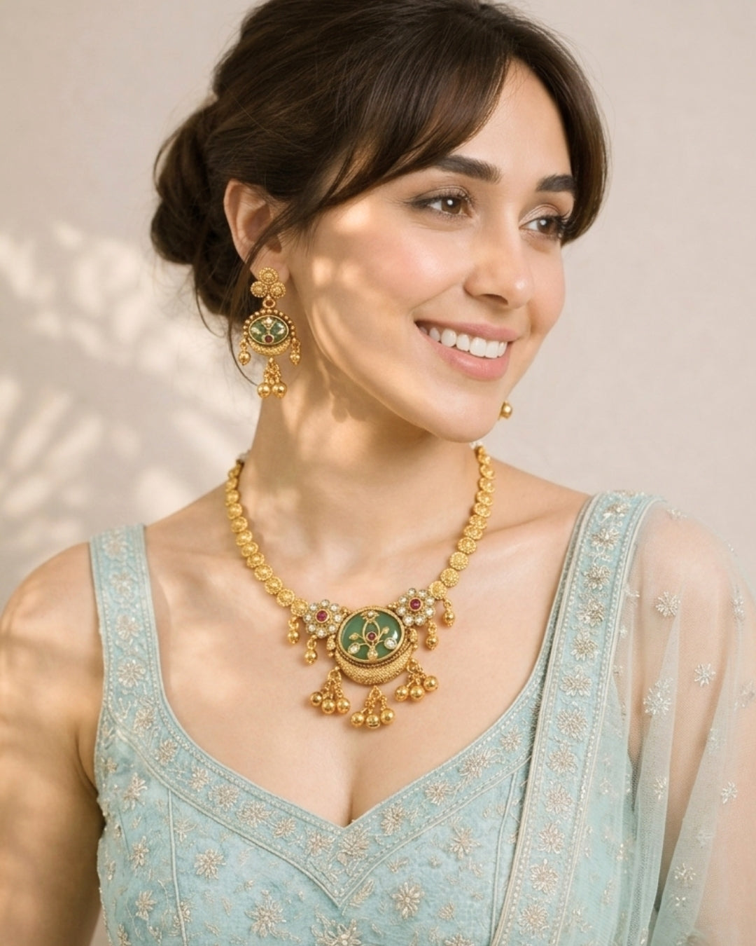 Gold-Plated Rajwadi Mint Stone Necklace & Earrings Set