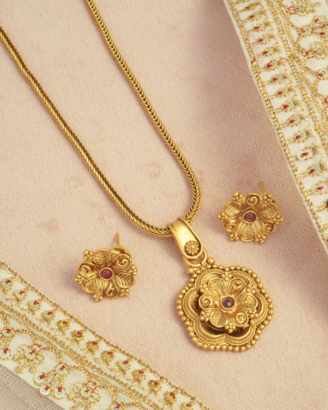 Gold-Plated Antique Stone-Studded Pendant and Earrings