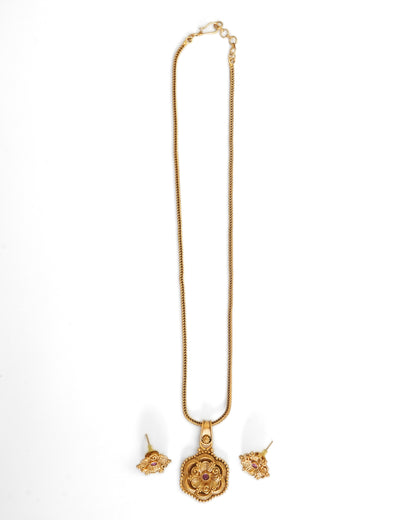 Gold-Plated Antique Stone-Studded Pendant and Earrings