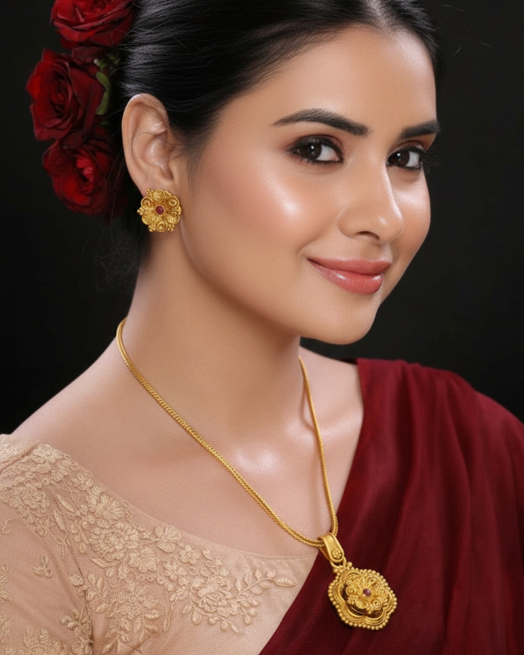 Gold-Plated Antique Stone-Studded Pendant and Earrings