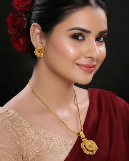 Gold-Plated Antique Stone-Studded Pendant and Earrings