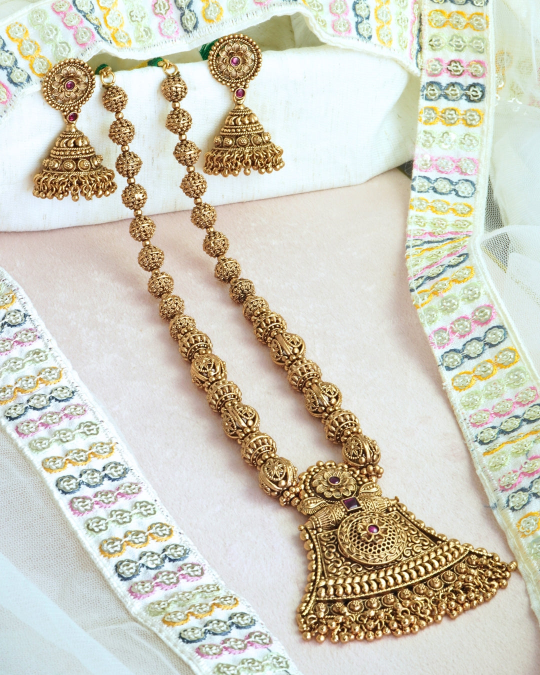 Gold-Plated Long Heavy Rajwadi Necklace & Earrings