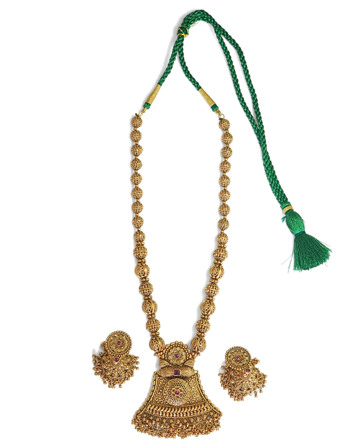 Gold-Plated Long Heavy Rajwadi Necklace & Earrings