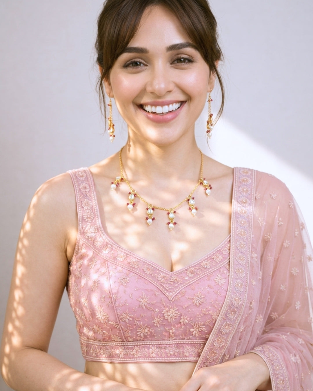 Gold-Plated Kundan & Pink Beads Chain Necklace with Dangler Earrings