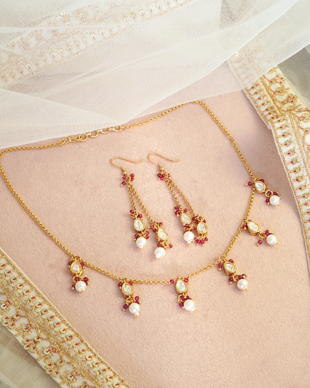 Gold-Plated Kundan & Pink Beads Chain Necklace with Dangler Earrings