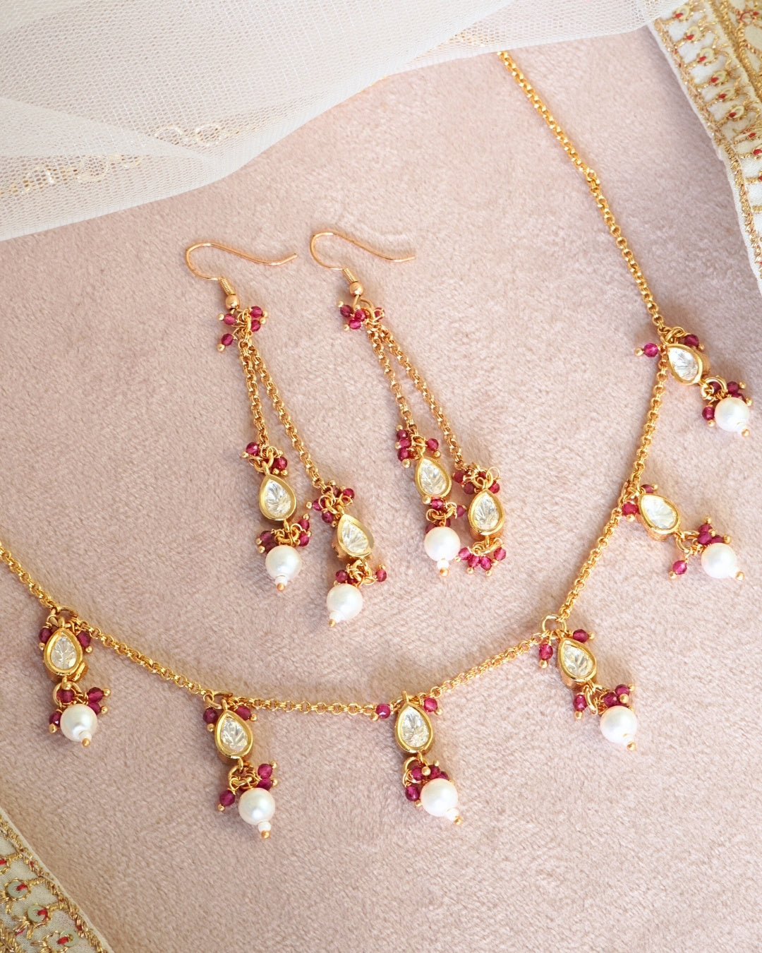 Gold-Plated Kundan & Pink Beads Chain Necklace with Dangler Earrings