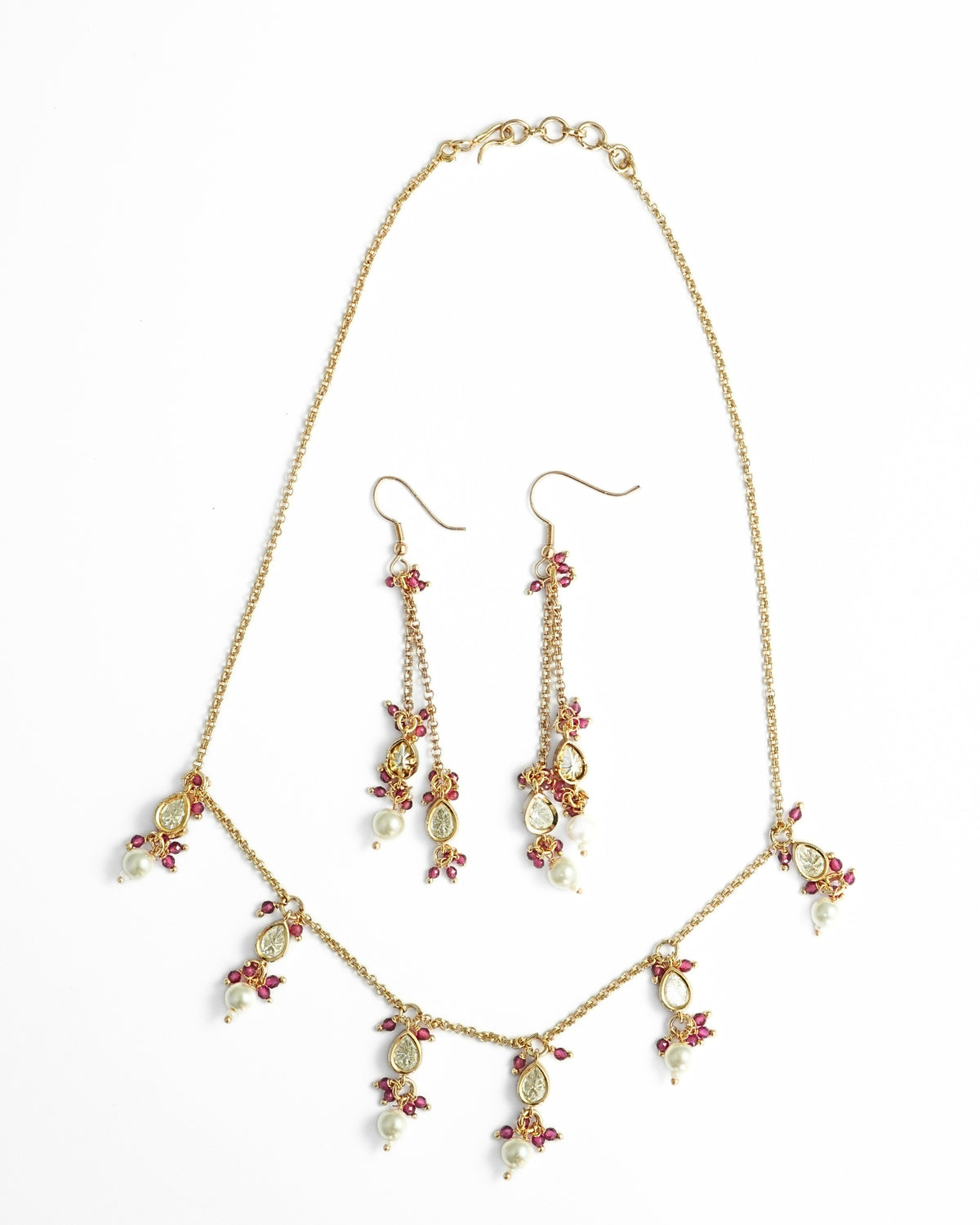 Gold-Plated Kundan & Pink Beads Chain Necklace with Dangler Earrings