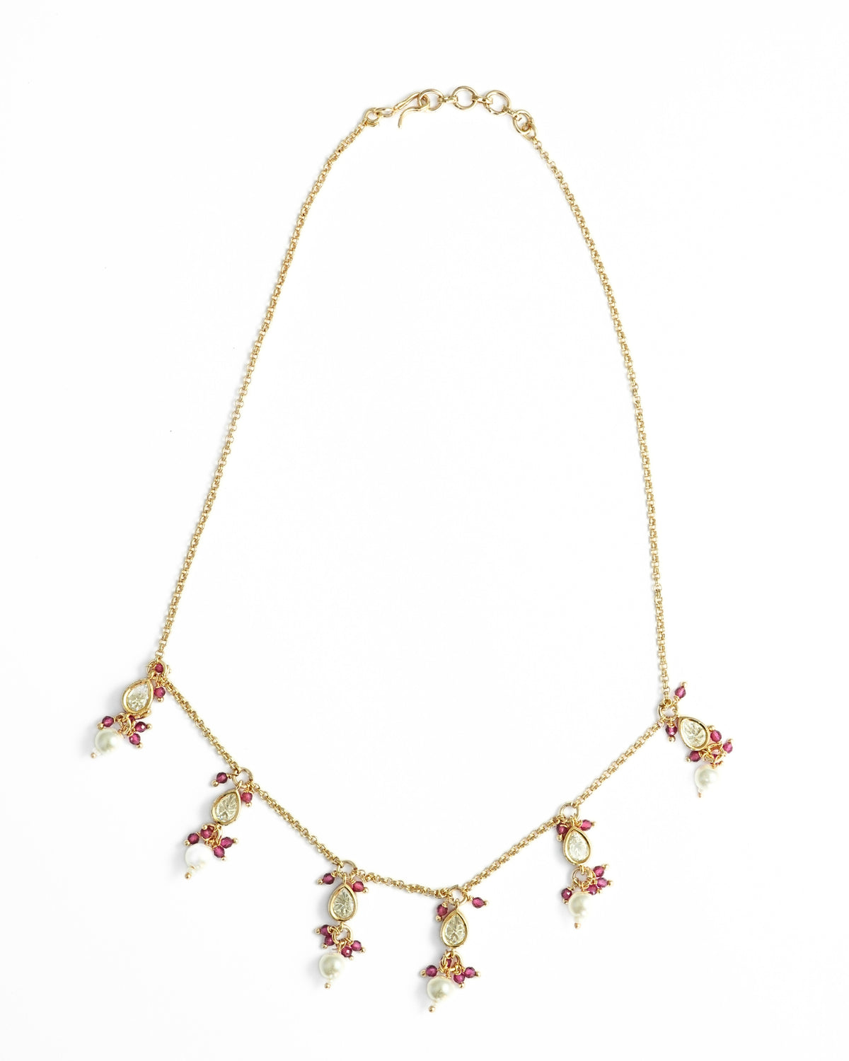 Gold-Plated Kundan & Pink Beads Chain Necklace with Dangler Earrings