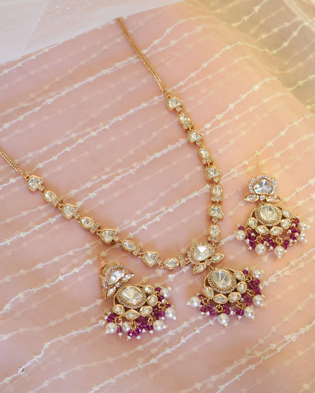 Gold-Plated Jadau Kundan & Pink Necklace and Earrings