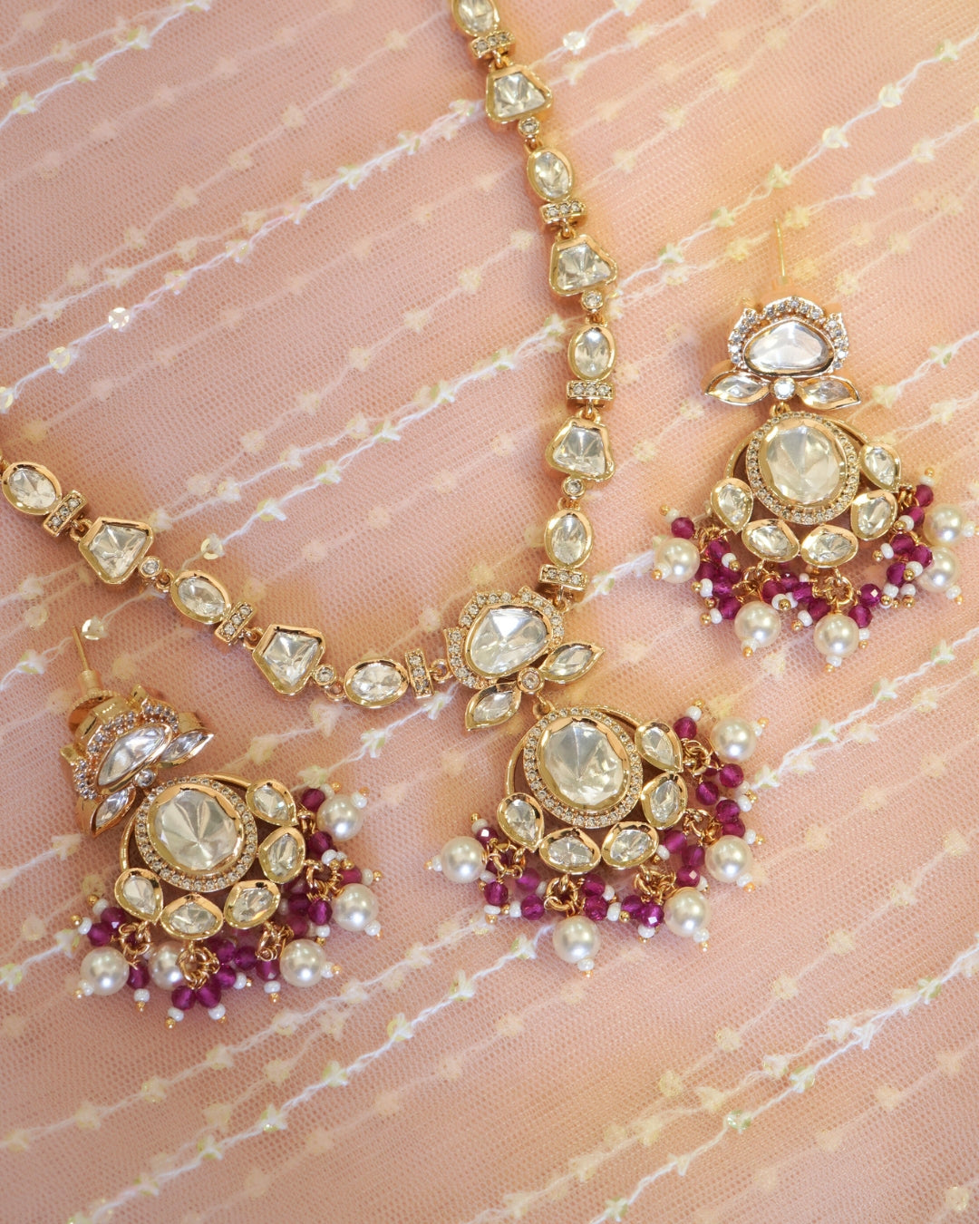 Gold-Plated Jadau Kundan & Pink Necklace and Earrings