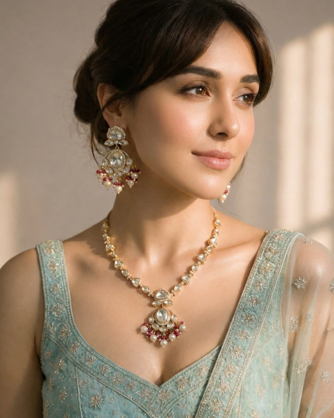 Gold-Plated Jadau Kundan & Pink Necklace and Earrings