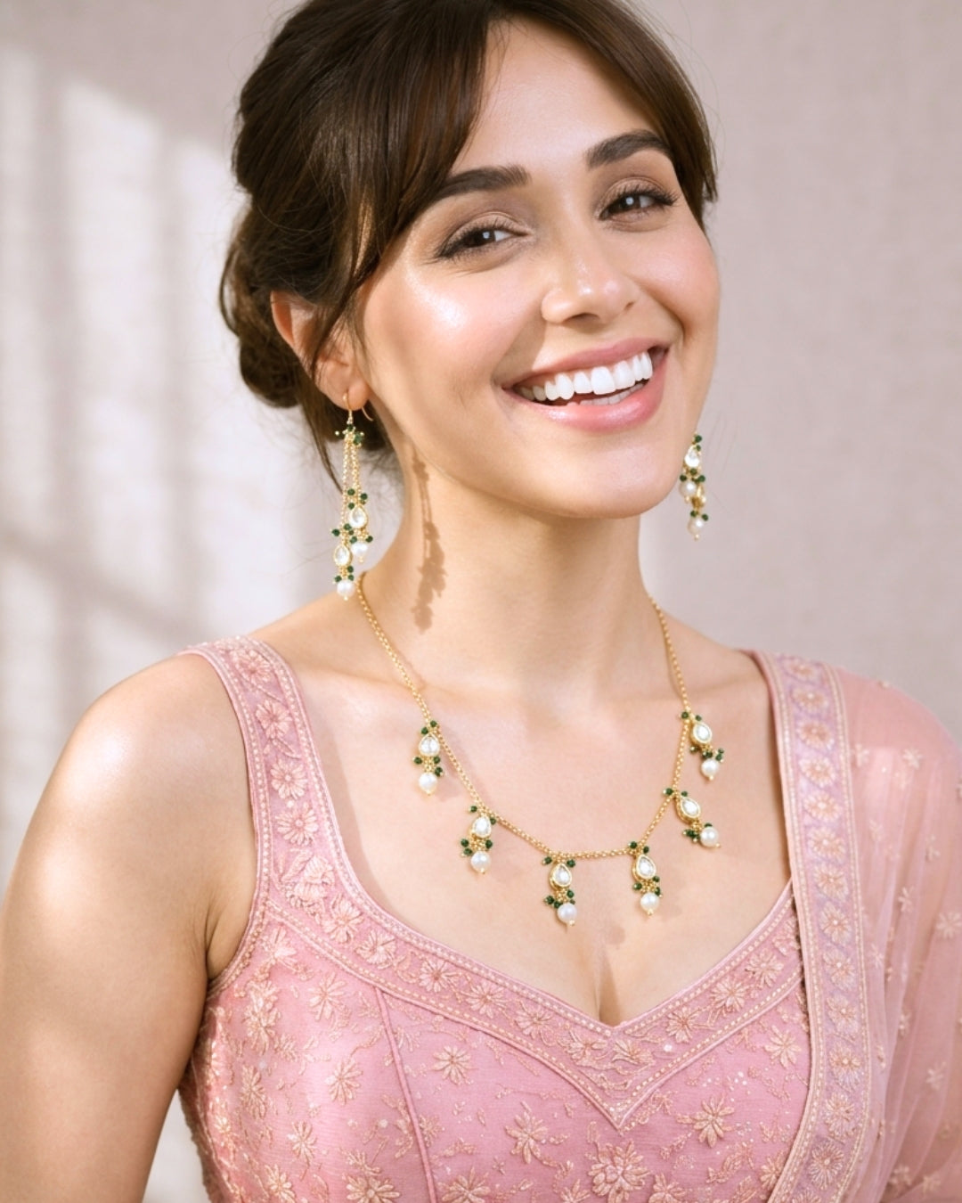 Gold-Plated Kundan & Green Beads Chain Necklace with Dangler Earrings