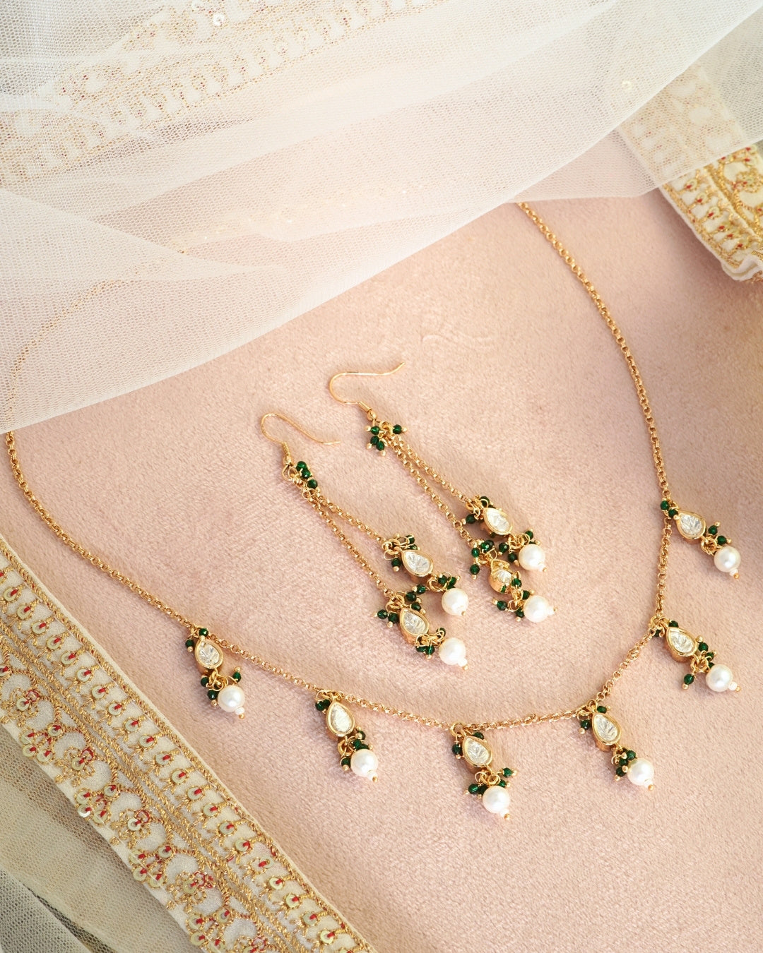 Gold-Plated Kundan & Green Beads Chain Necklace with Dangler Earrings