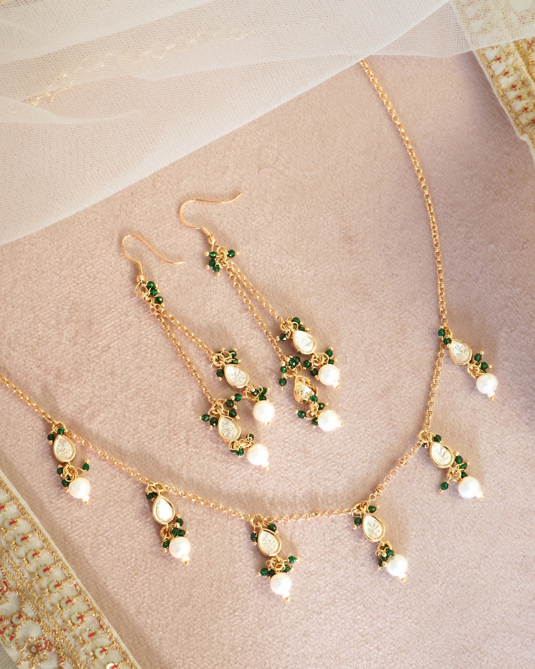 Gold-Plated Kundan & Green Beads Chain Necklace with Dangler Earrings