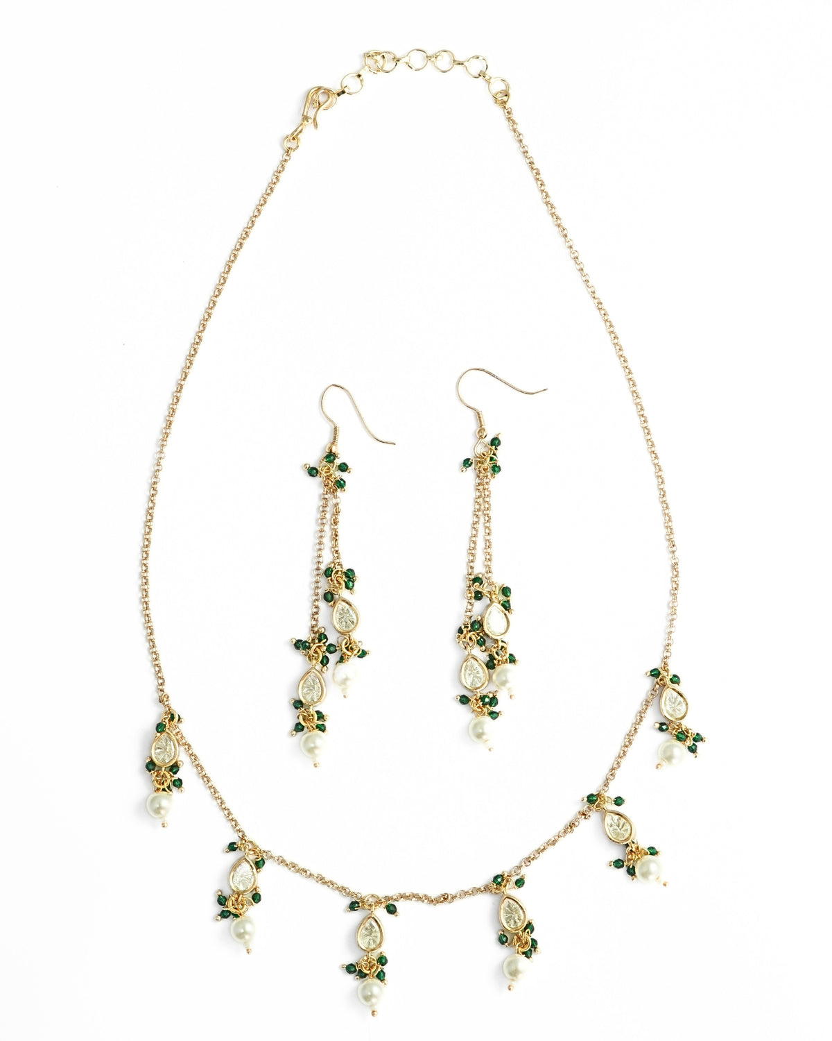 Gold-Plated Kundan & Green Beads Chain Necklace with Dangler Earrings
