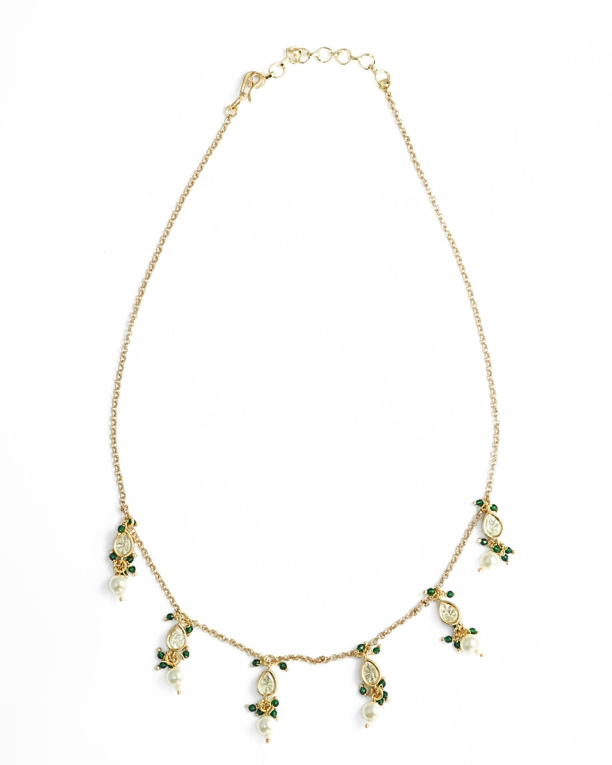 Gold-Plated Kundan & Green Beads Chain Necklace with Dangler Earrings