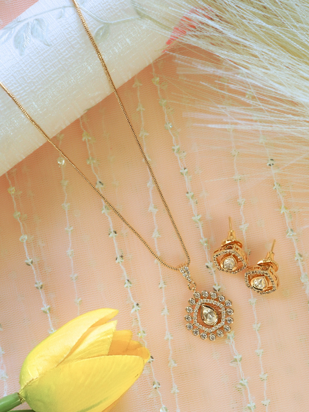 Gold-Plated Kundan & AD Pendant Necklace Set