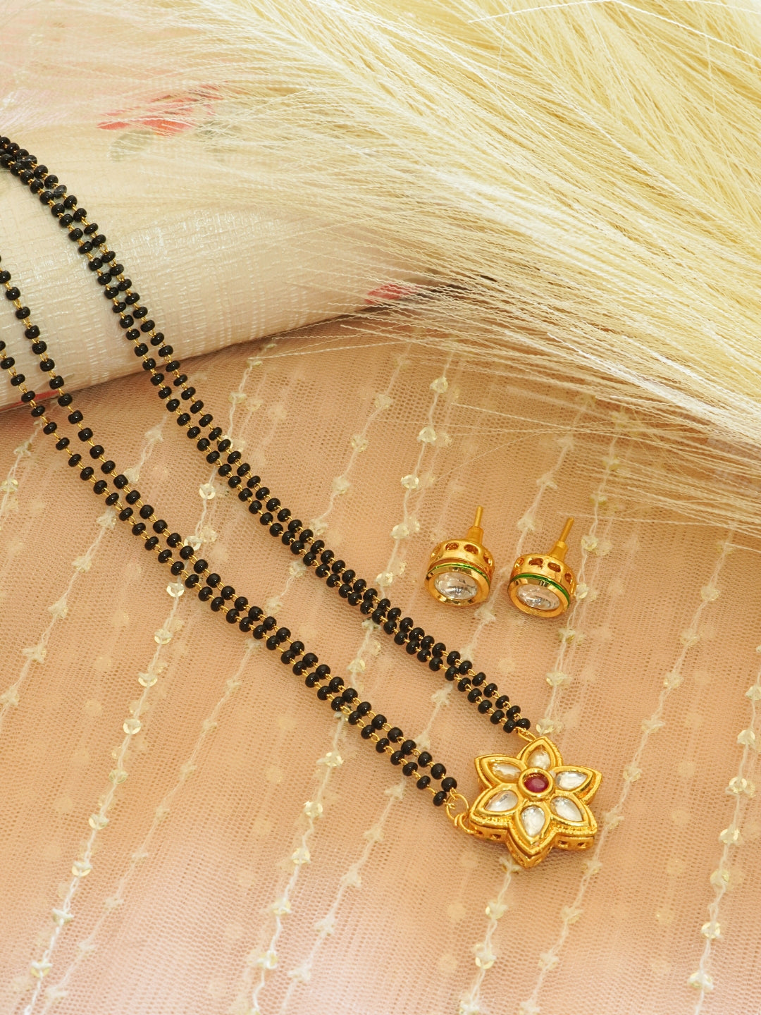 Floral Kundan-Studded Gold-Plated Beaded Mangalsutra Set