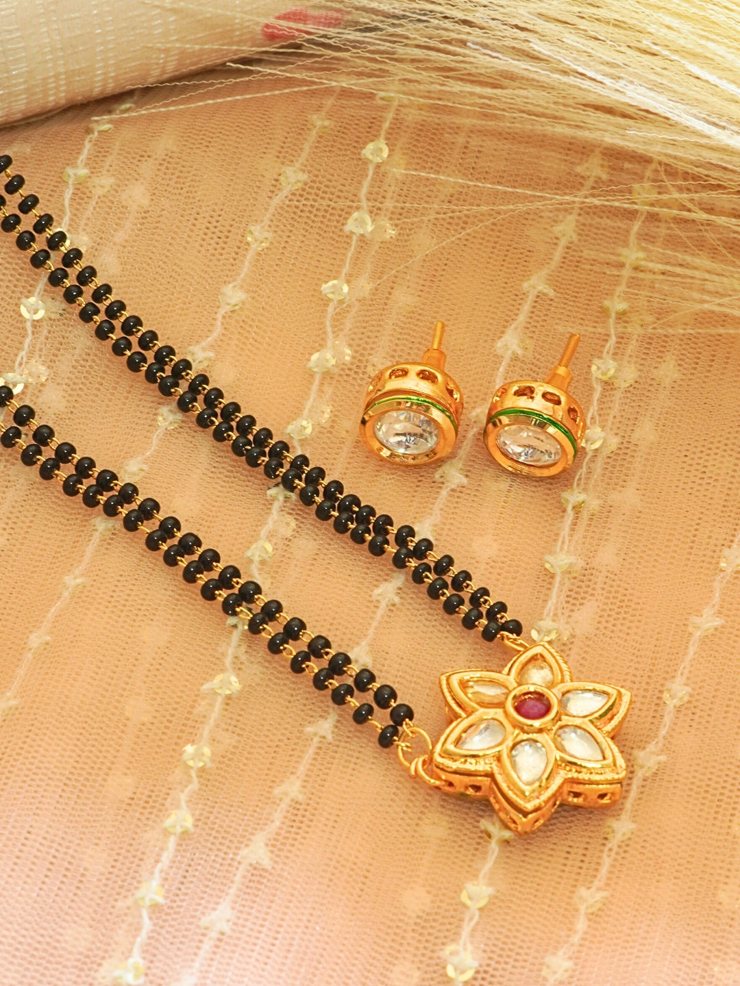 Floral Kundan-Studded Gold-Plated Beaded Mangalsutra Set