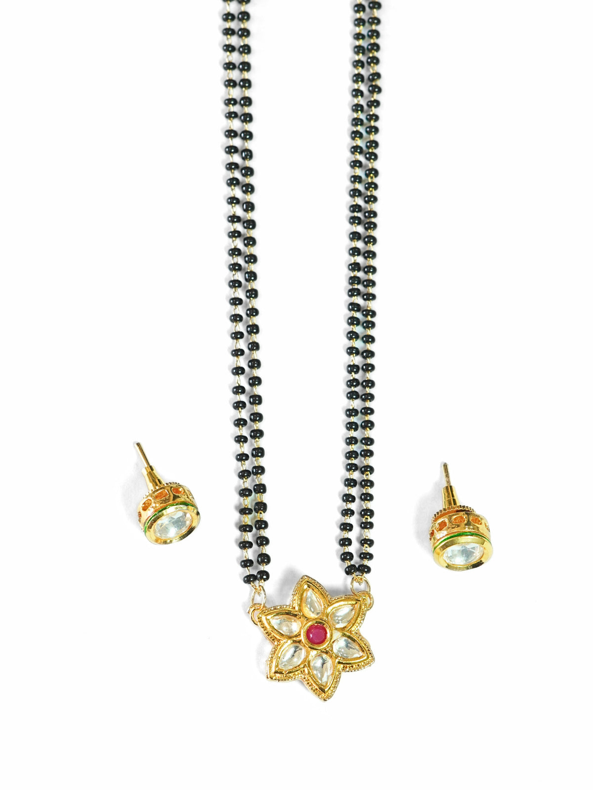 Floral Kundan-Studded Gold-Plated Beaded Mangalsutra Set