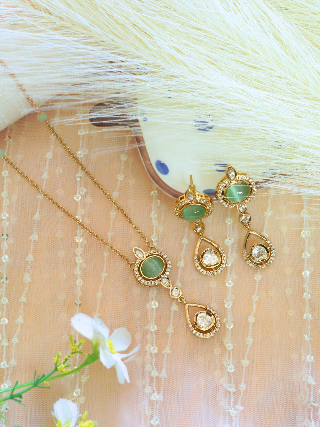 Mint Green Cats Eye Studded Gold-Plated Necklace Set
