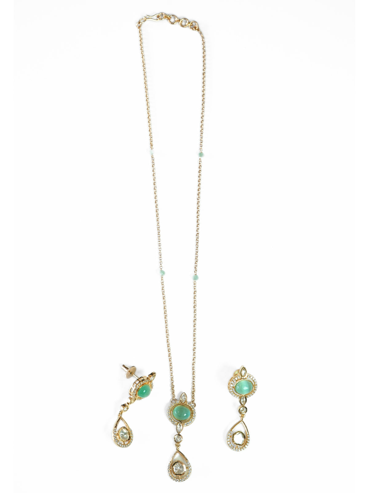 Mint Green Cats Eye Studded Gold-Plated Necklace Set