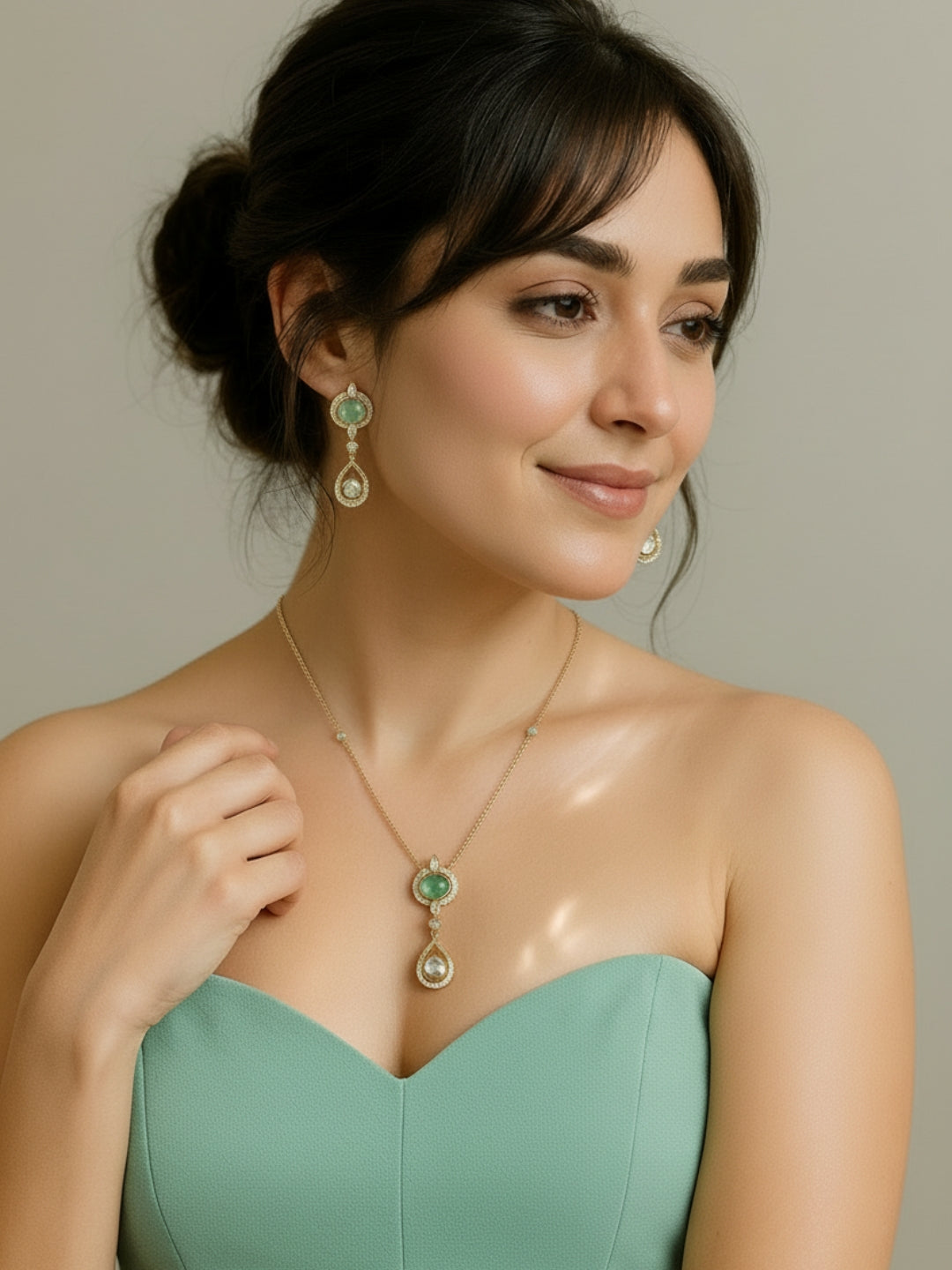 Mint Green Cats Eye Studded Gold-Plated Necklace Set