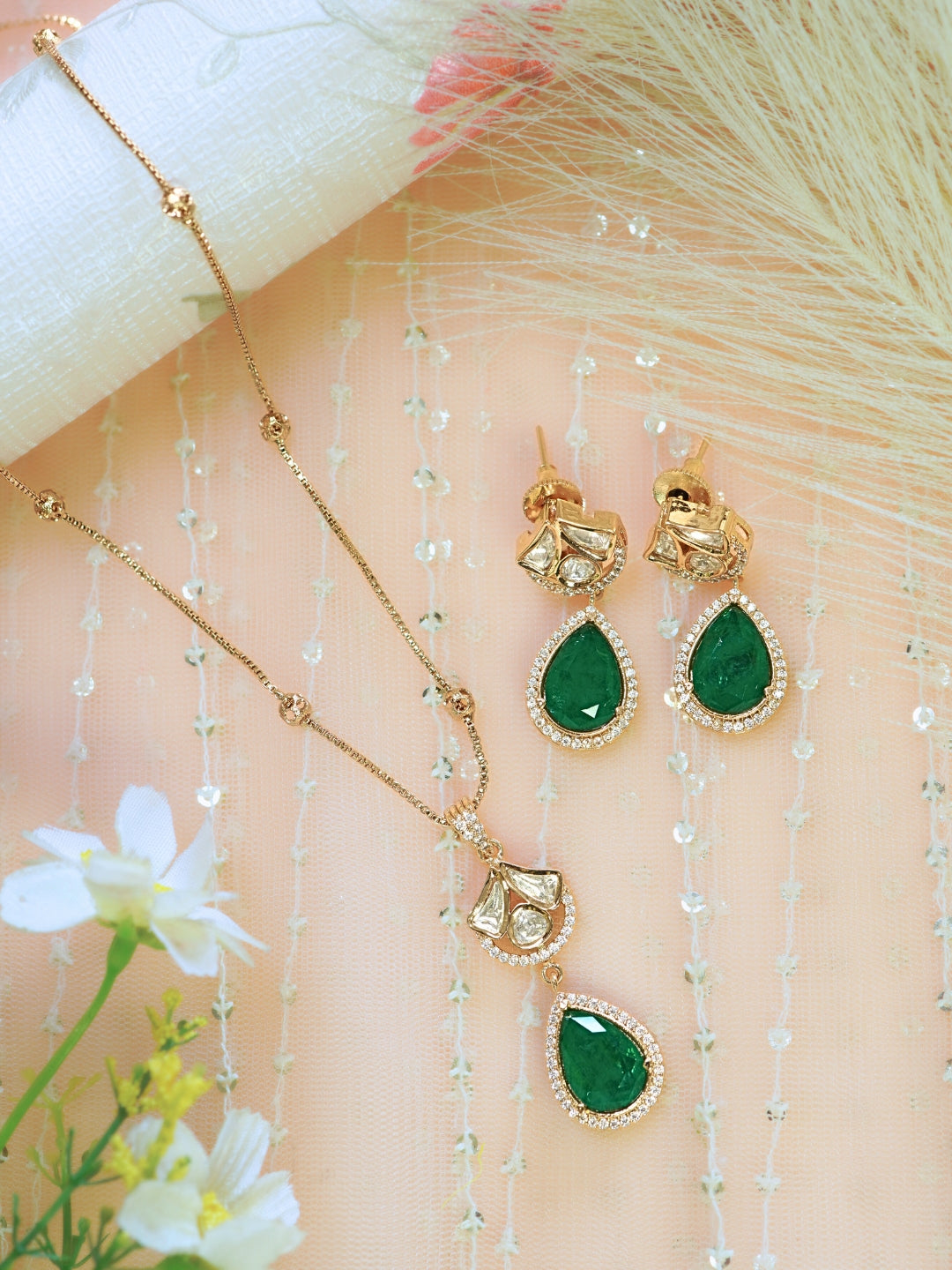 Emerald Teardrop AD Studded Necklace & Drop Earrings