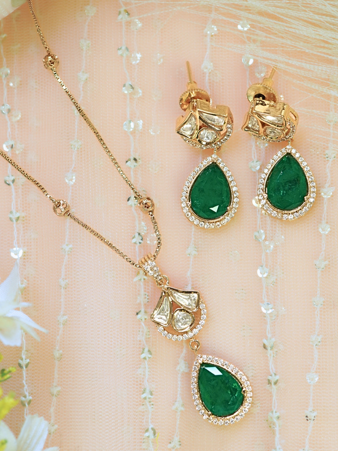 Emerald Teardrop AD Studded Necklace & Drop Earrings